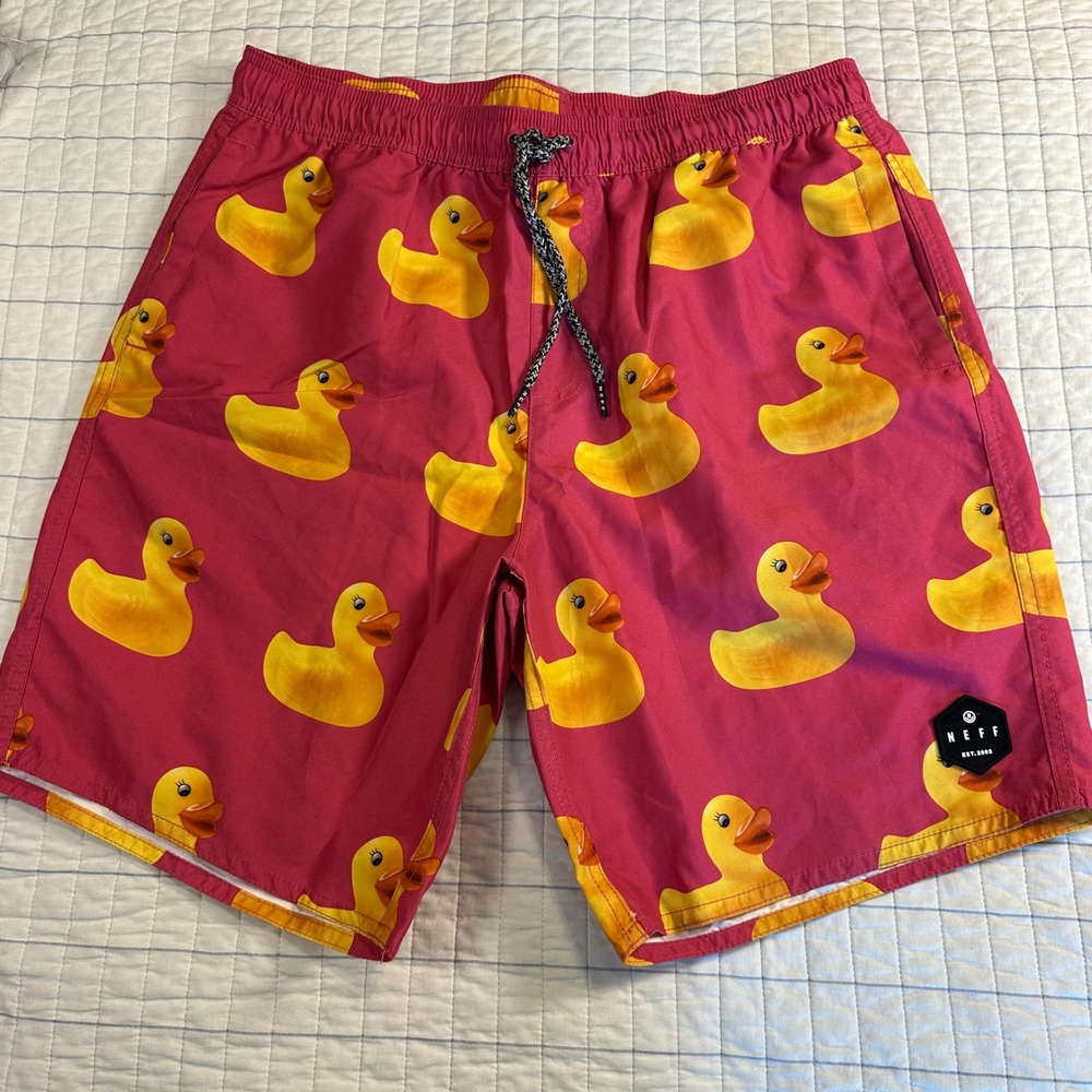 Neff Mens Rubber Ducky Board Shorts Pink Yellow Swim Trunks Large 19PT5601